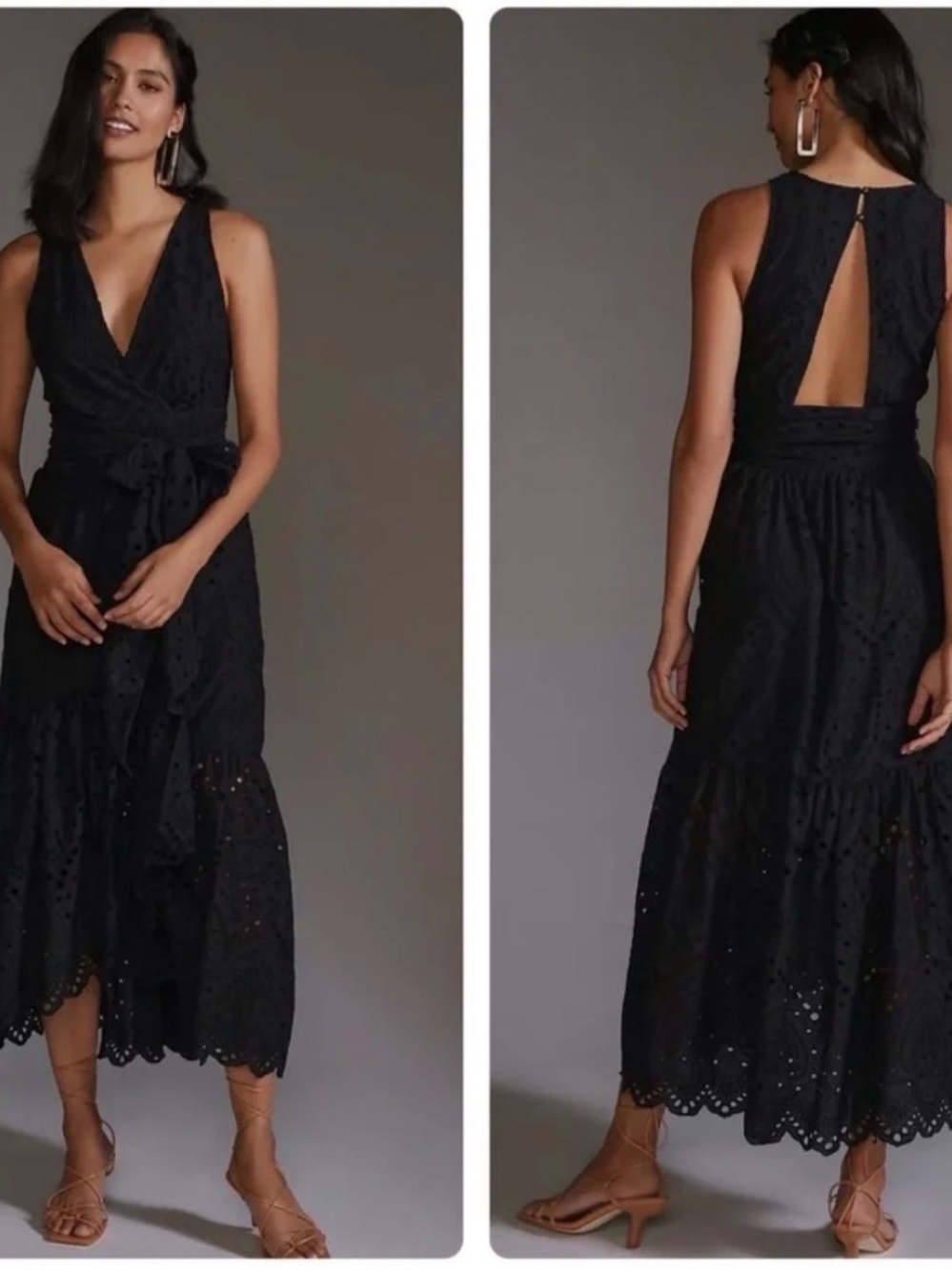 Anthropologie Maeve Black Eyelet Wrap Front Midi Dress Open Back sleeveless